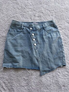 Asymmetrical Button-Front Denim Mini Skirt - Blue